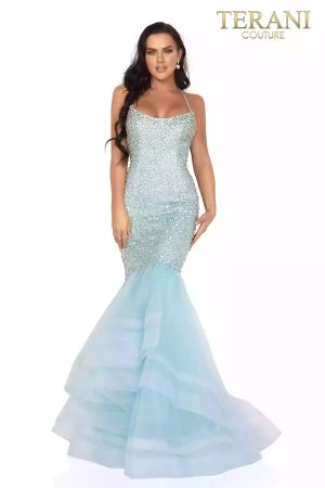 2011P1143 Crystal Beaded Halter Neck Fitted Mermaid Gown