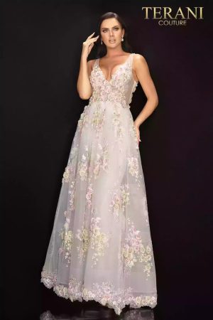 Terani Couture 2011P1171 Floral V-Neckline Tulle Long Ball Gown