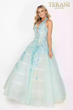Terani Couture 2011P1174 Beaded Halter Low V Neck Applique Ball Gown
