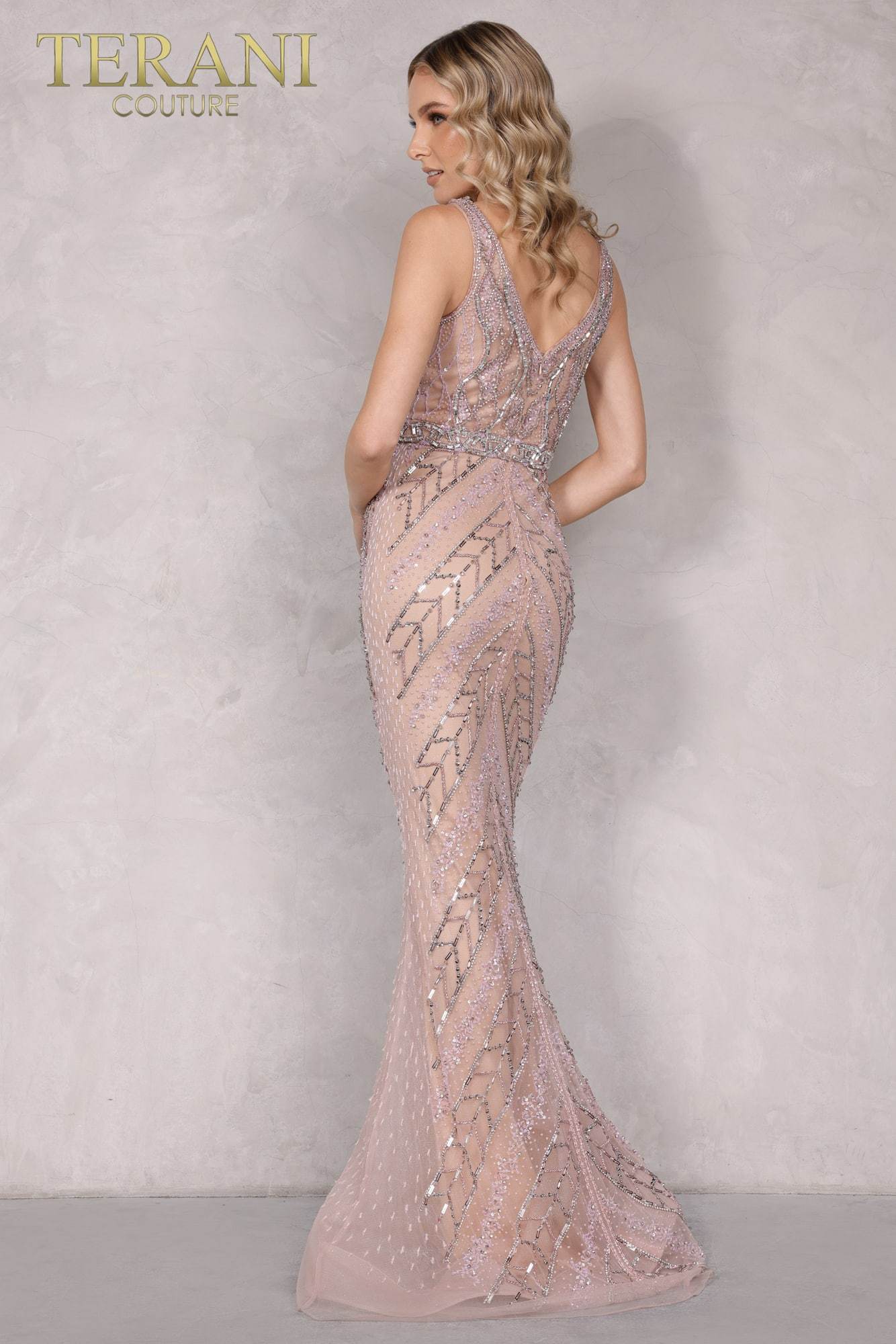 I Dress Cute Terani Couture 2027GL3258 Dusty Lilac V-Neck Tulle Mermaid Gown - Image 2