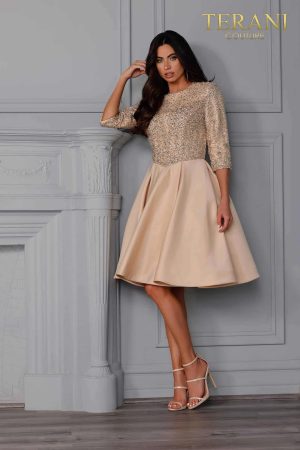 Terani Couture 2027H3388 Jewel Neck Short Satin Dress