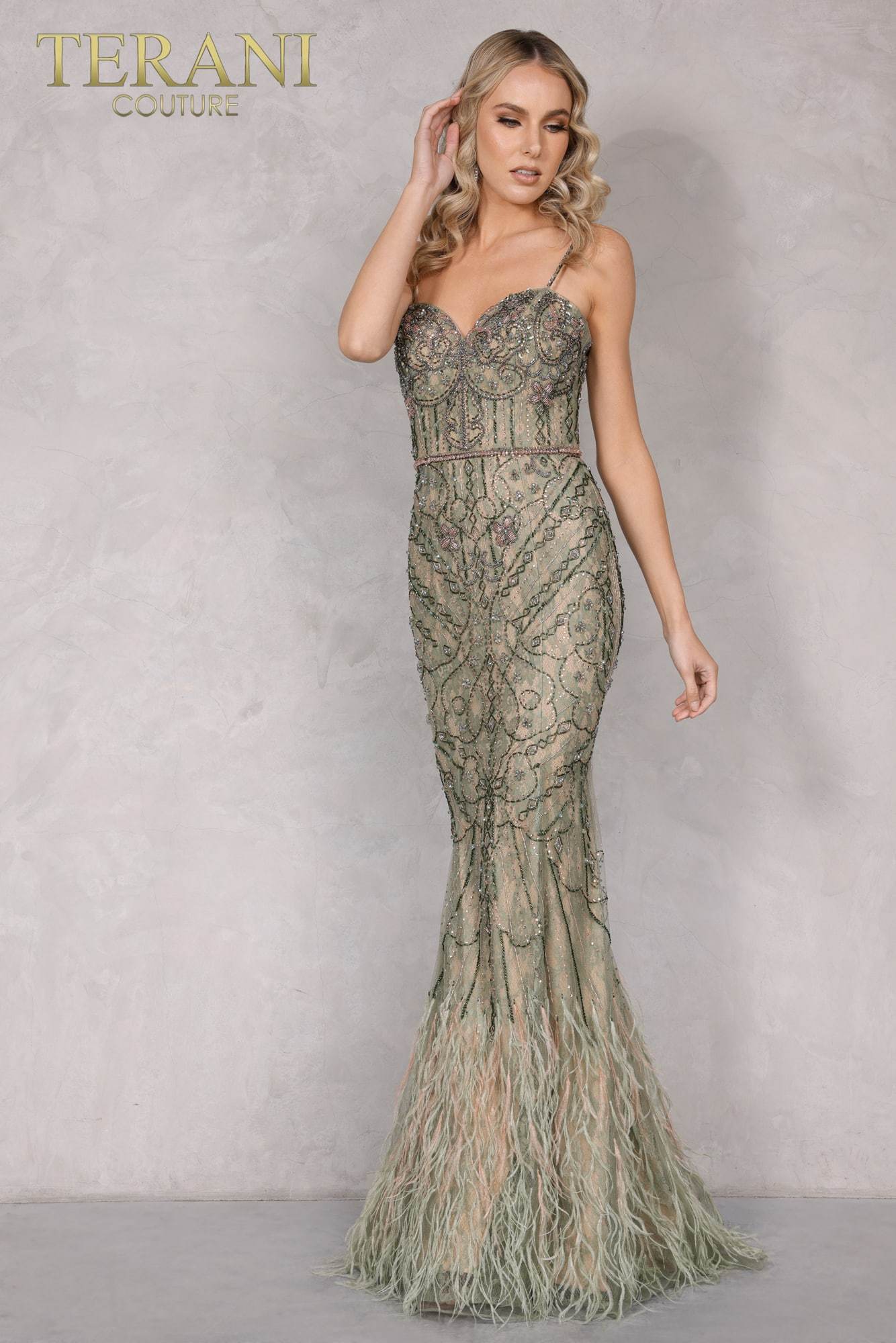 I Dress Cute Terani Couture 2221GL0415 Spaghetti Strap Sweetheart Tulle Mermaid Gown with Feathered Hem - Image 2