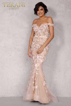 Terani Couture 2221GL0424 Beaded Tulle Off-Shoulder Mermaid Gown