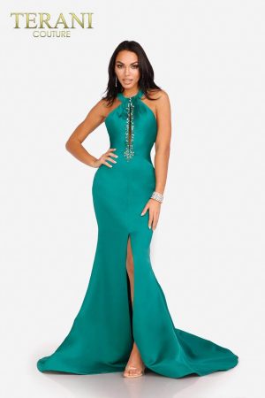 Terani Couture 231P0107 Emerald Front Neck Cut Gown
