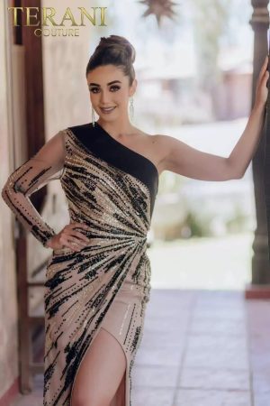 Terani Couture 232GL1410 Asymmetrical Two-tone A-line Sheer Long One Sleeve Dress
