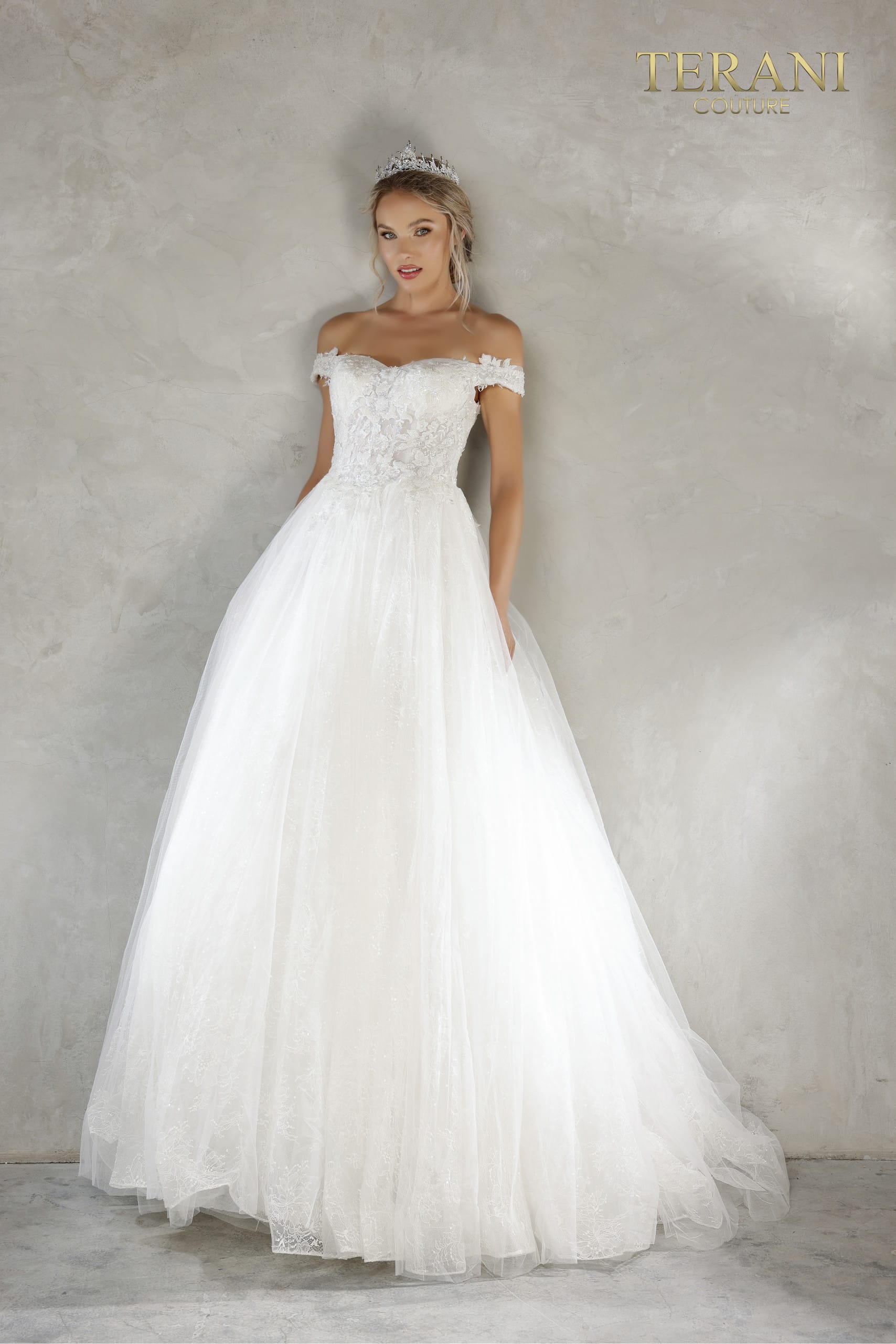 I Dress Cute Terani Couture 2215P0034 Off-Shoulder Sweetheart Tulle and Lace A-Line Dress