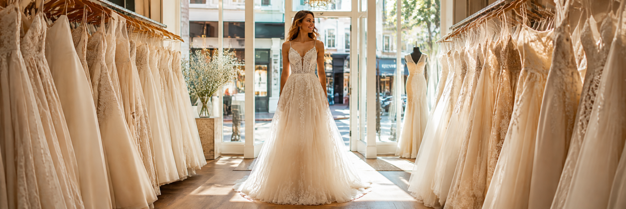 Bride shopping for her wedding dress
